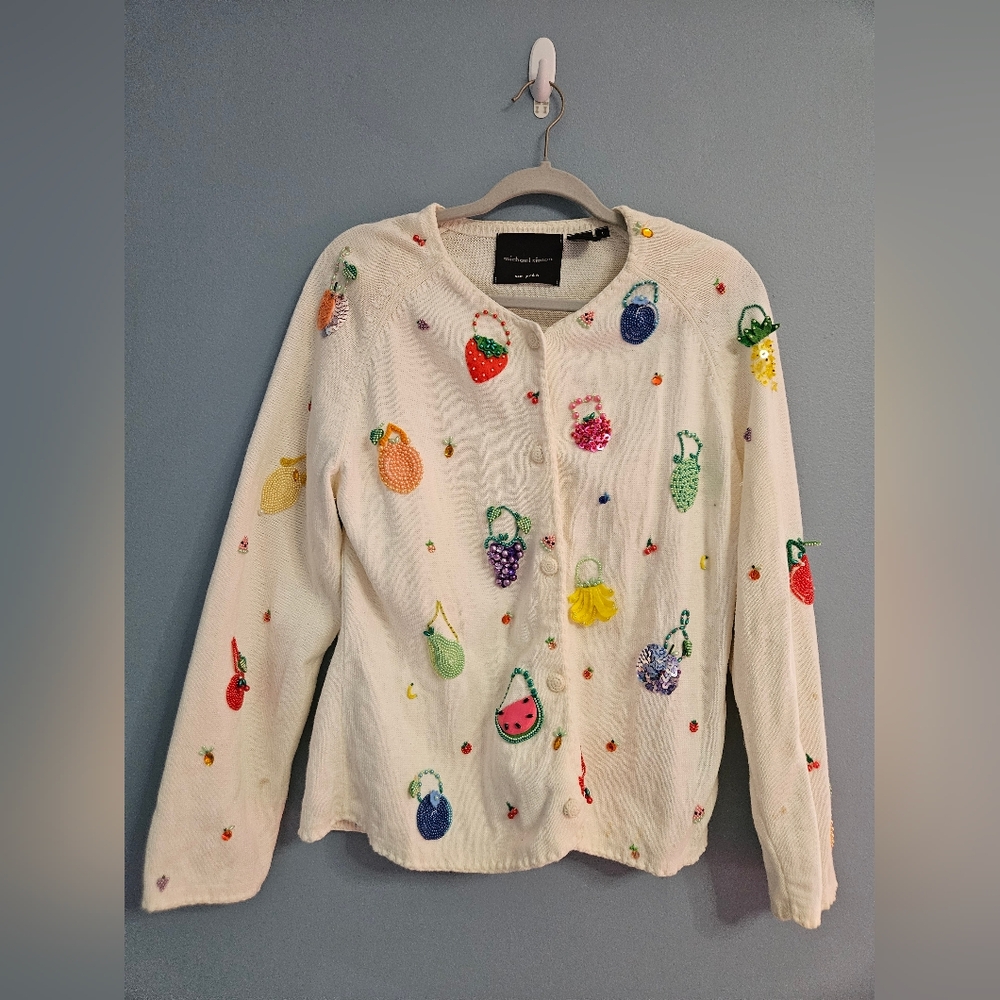 ​Michael Simon Vntg Fruit Basket Beaded Button Cardigan Sweater L Grandmacore